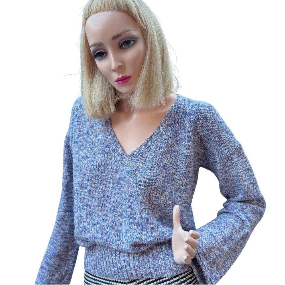 J. Crew Bell Sleeve V-Neck Sweater Blue Soft Knit Quiet Luxury Old Money S/M